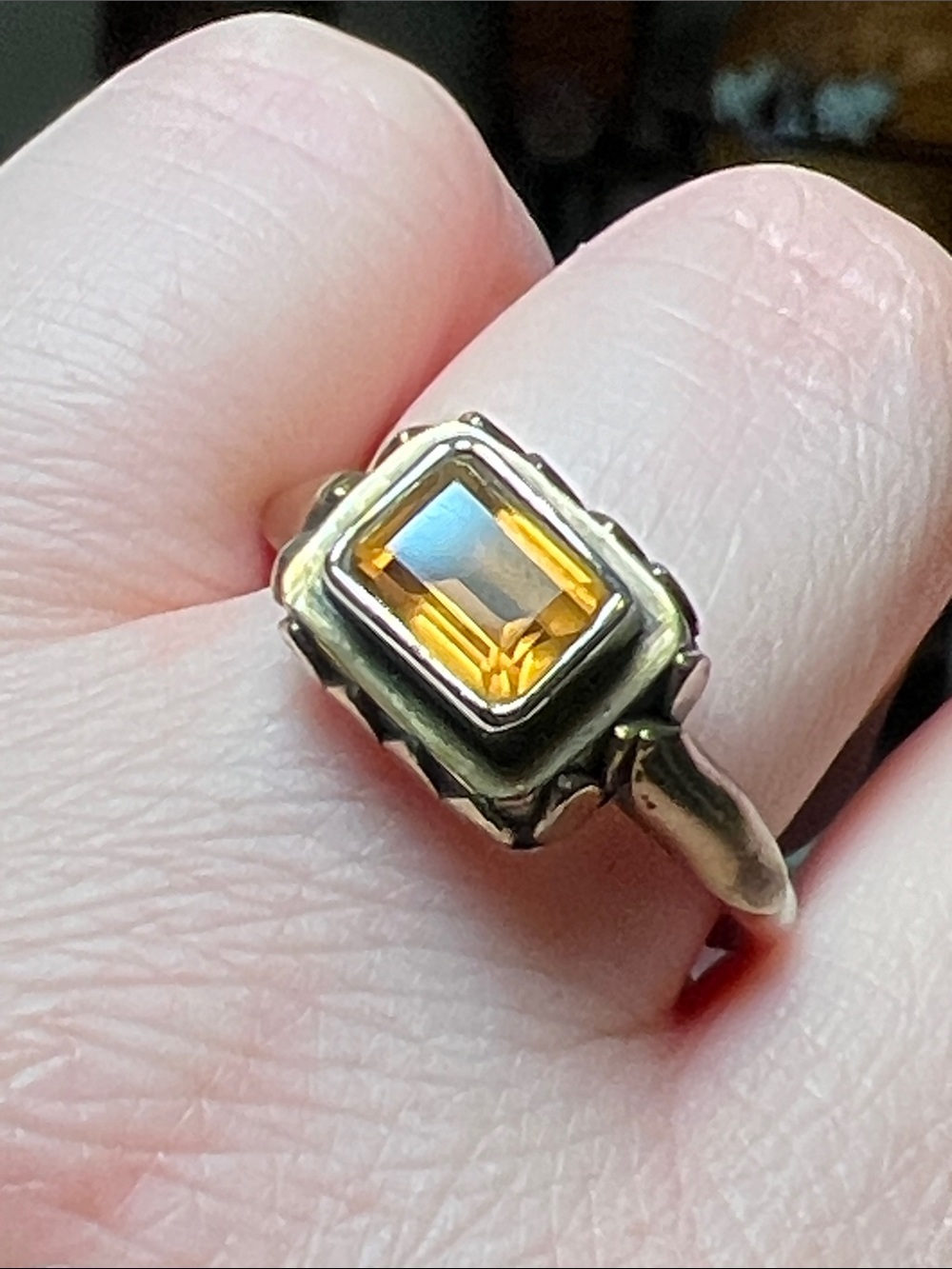 VTG Etruscan Style Gold Brass Petal Sterling Silver Emerald Cut Citrine Ring - Picture 3 of 9